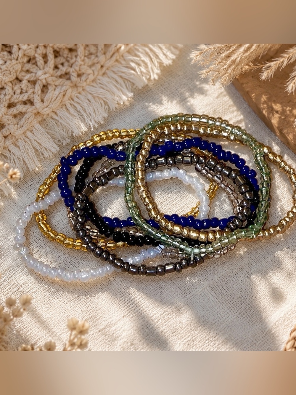 Stackable Beaded Bracelet Set — Gold, Blue, Green, Black, Silver, White